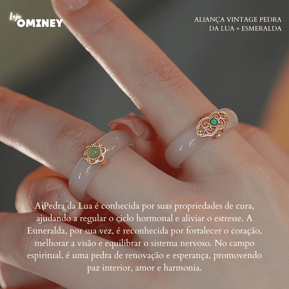 Aliança Vintage Lua - Esmeralda e Jade