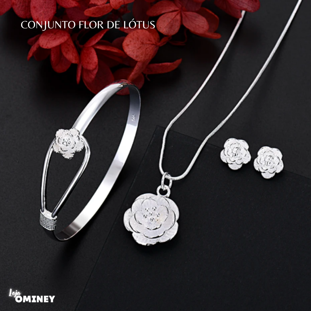 Conjunto Flor de Lótus + Par de Brincos de brinde - Prata 925
