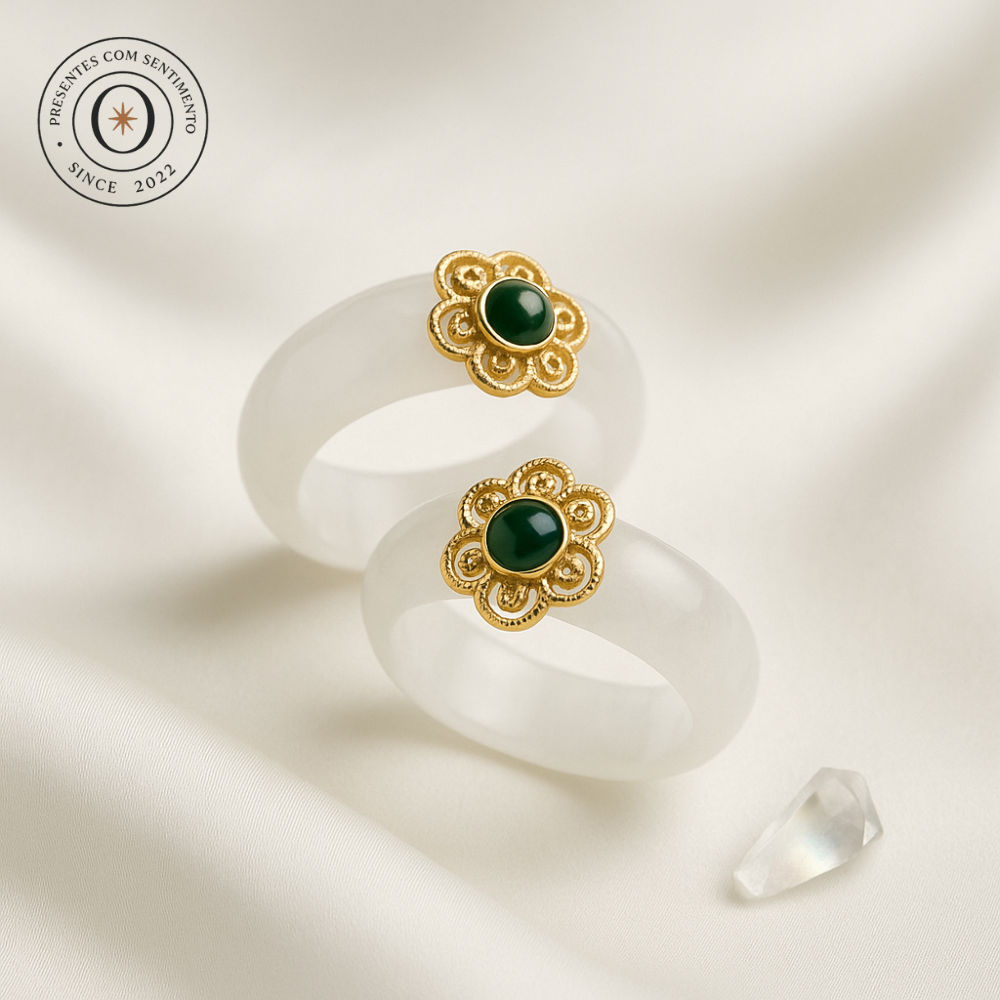 Aliança Vintage Lua - Esmeralda e Jade