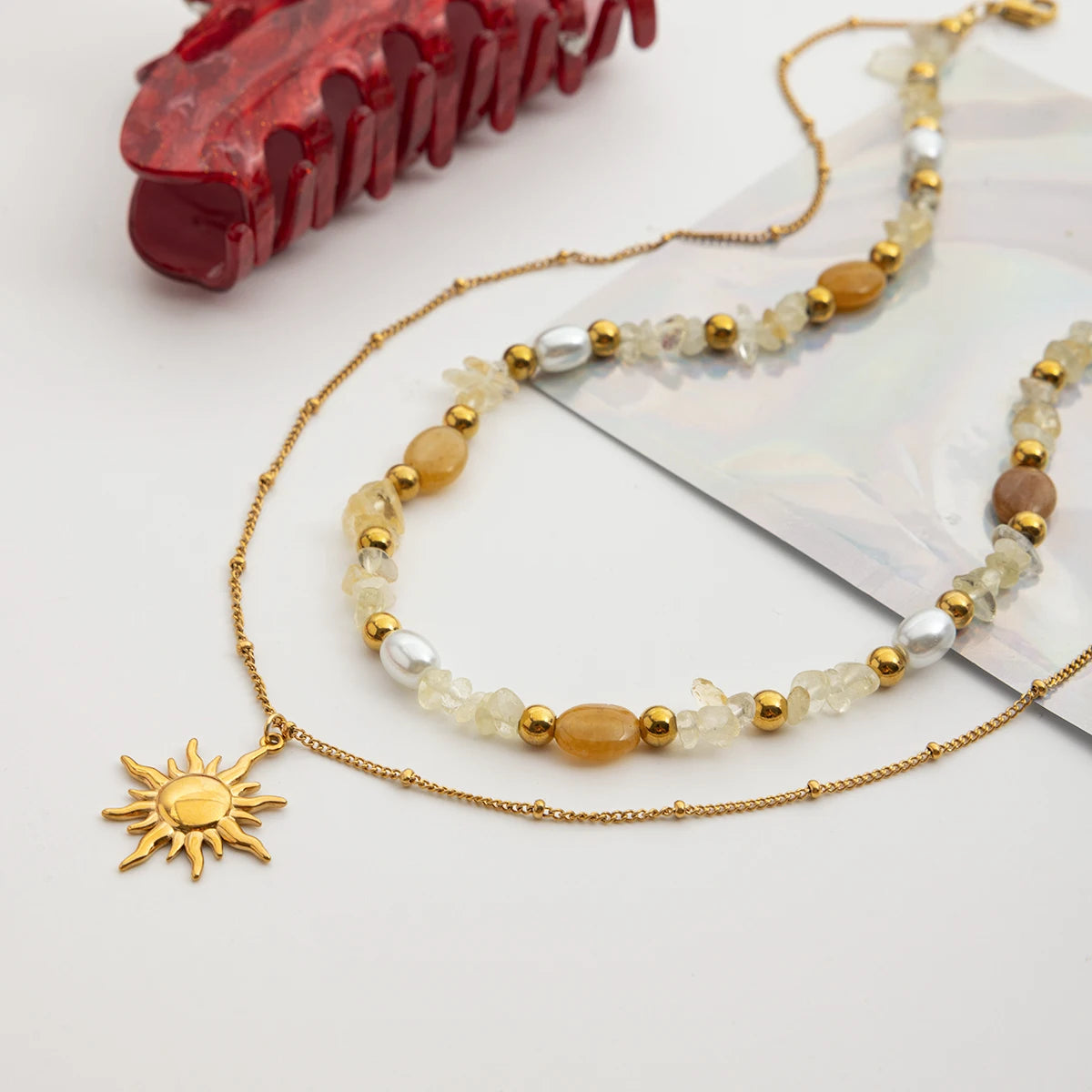 Conjunto 2 em 1 - Colar de Ouro Sol de Âmbar