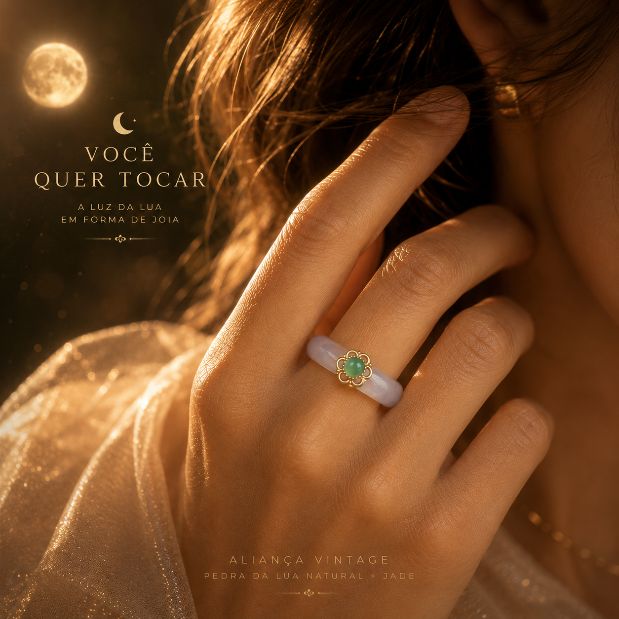 Aliança Vintage Lua - Esmeralda e Jade