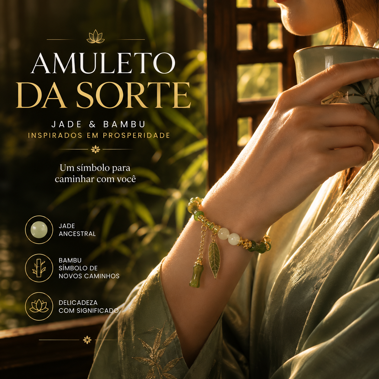Pulseira Artesanal de Jade e Bambu - Amuleto Da Sorte