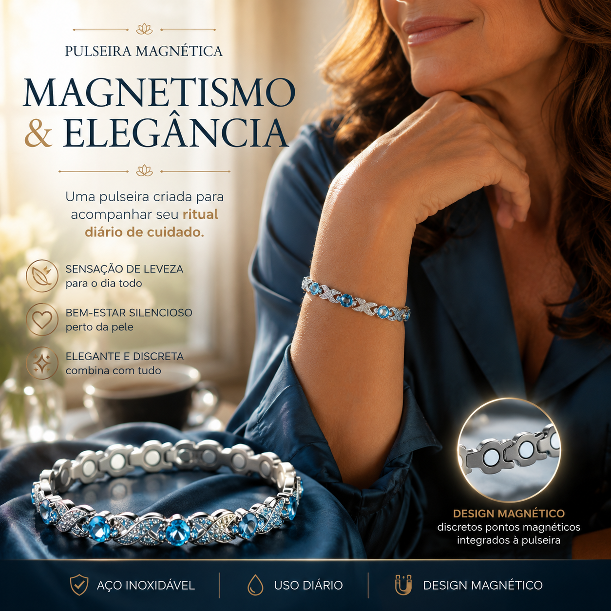 Pulseira Magnética Vitalité | Cristais & Aço Inoxidável